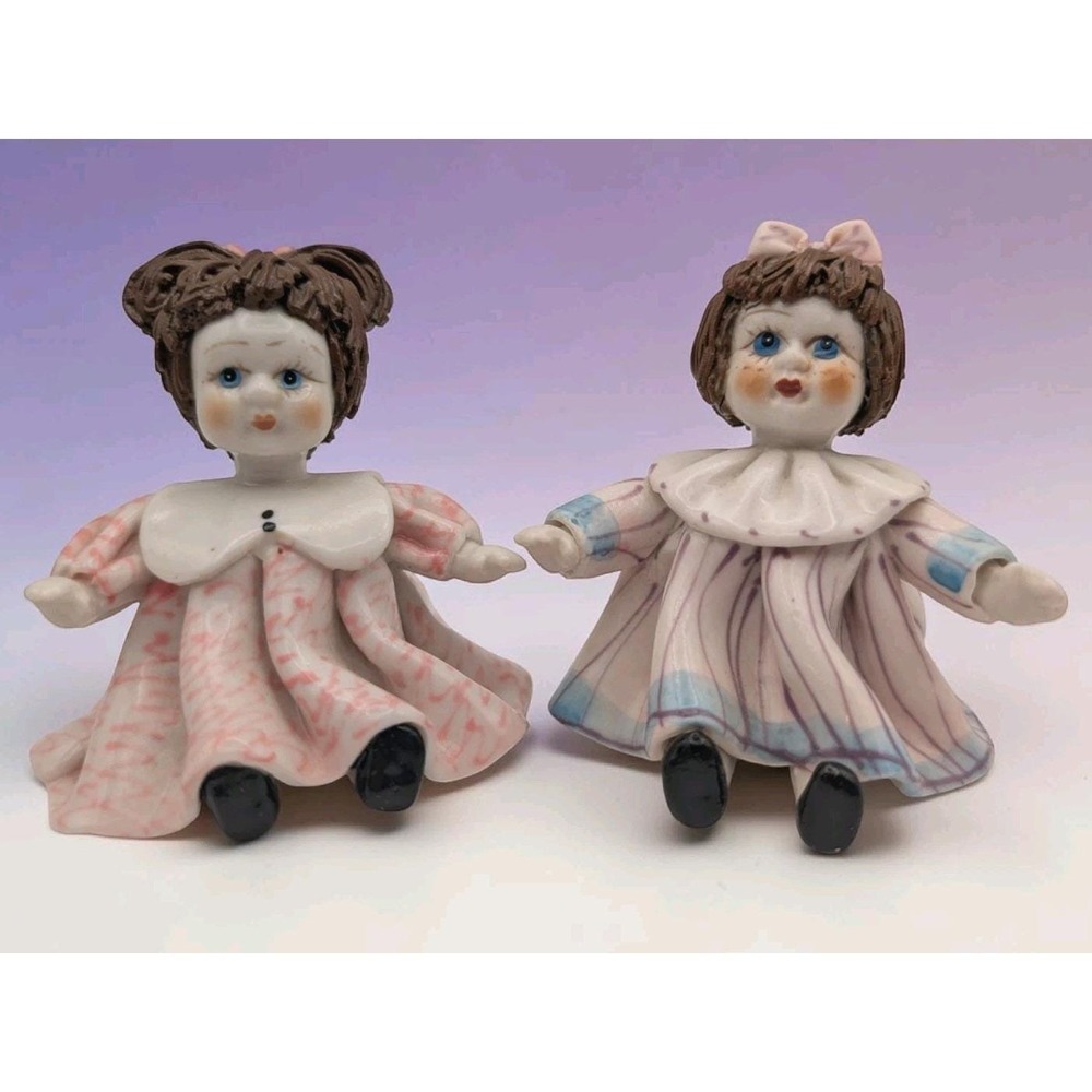 Vtg Italian Ceramic Spaghetti Hair Mini Dolls Set Of 2 Style of Zampiva Unsigned